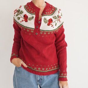 Vintage NorthCrest Red Cardinal Bird Floral Knit Holiday Grandmacore Sweater M